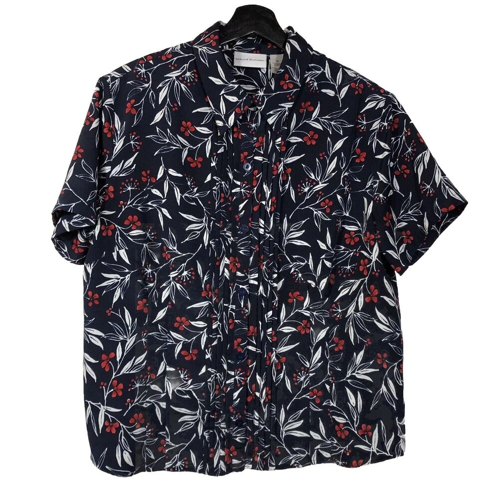 Alfred Dunner Button Up Short Sleeve Blouse Size 16 Floral Navy Career Retro